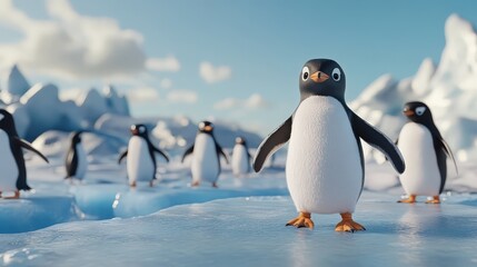 Obraz premium A lively group of penguins waddling across an icy landscape, with their black and white plumage and comical movements creating a charming scene.