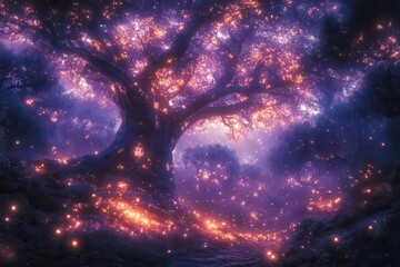 whimsical enchanted forest towering luminescent trees sparkling rainbow arching overhead ethereal mist magical creatures peeking from foliage soft glowing orbs floating