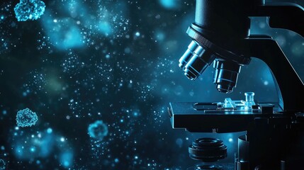 Dark-themed abstract science background with a microscope focusing on microbial research, showcasing advanced microscopy techniques