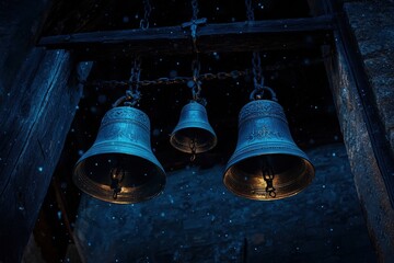 Church bells ringing in the night sky, bells hanging in the church tower, signaling Midnight Mass, copy space for stock photo with minimal concept, No logo, No Trademark, No text