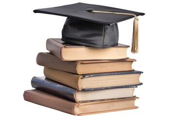 A graduation cap sits atop a stack of books, symbolizing knowledge and achievement