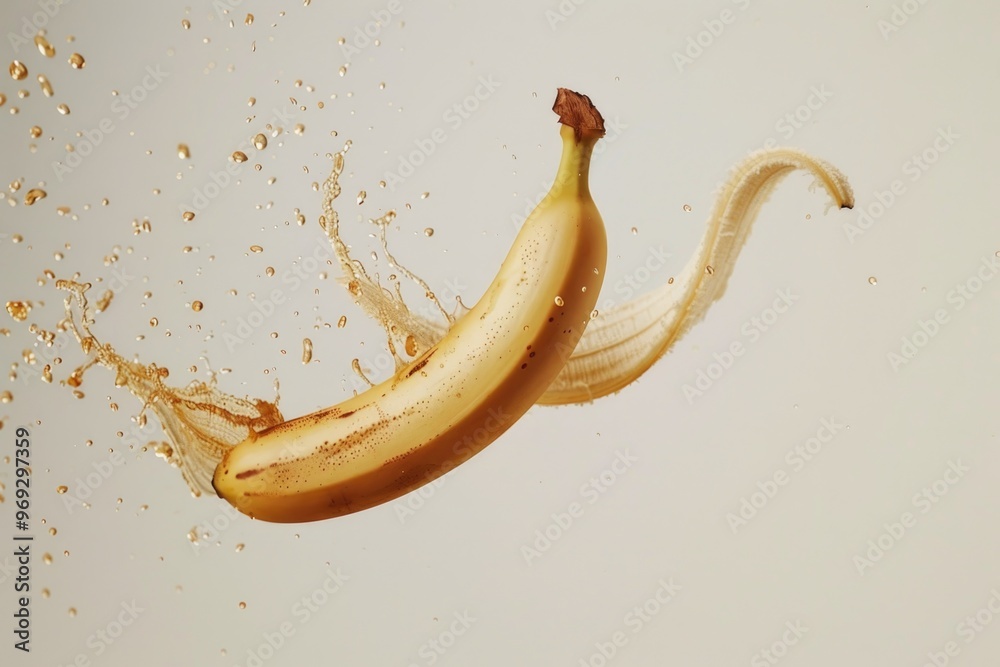 Poster fresh banana with a small amount of water splashed on it, perfect for a snack or adding to a fruit b