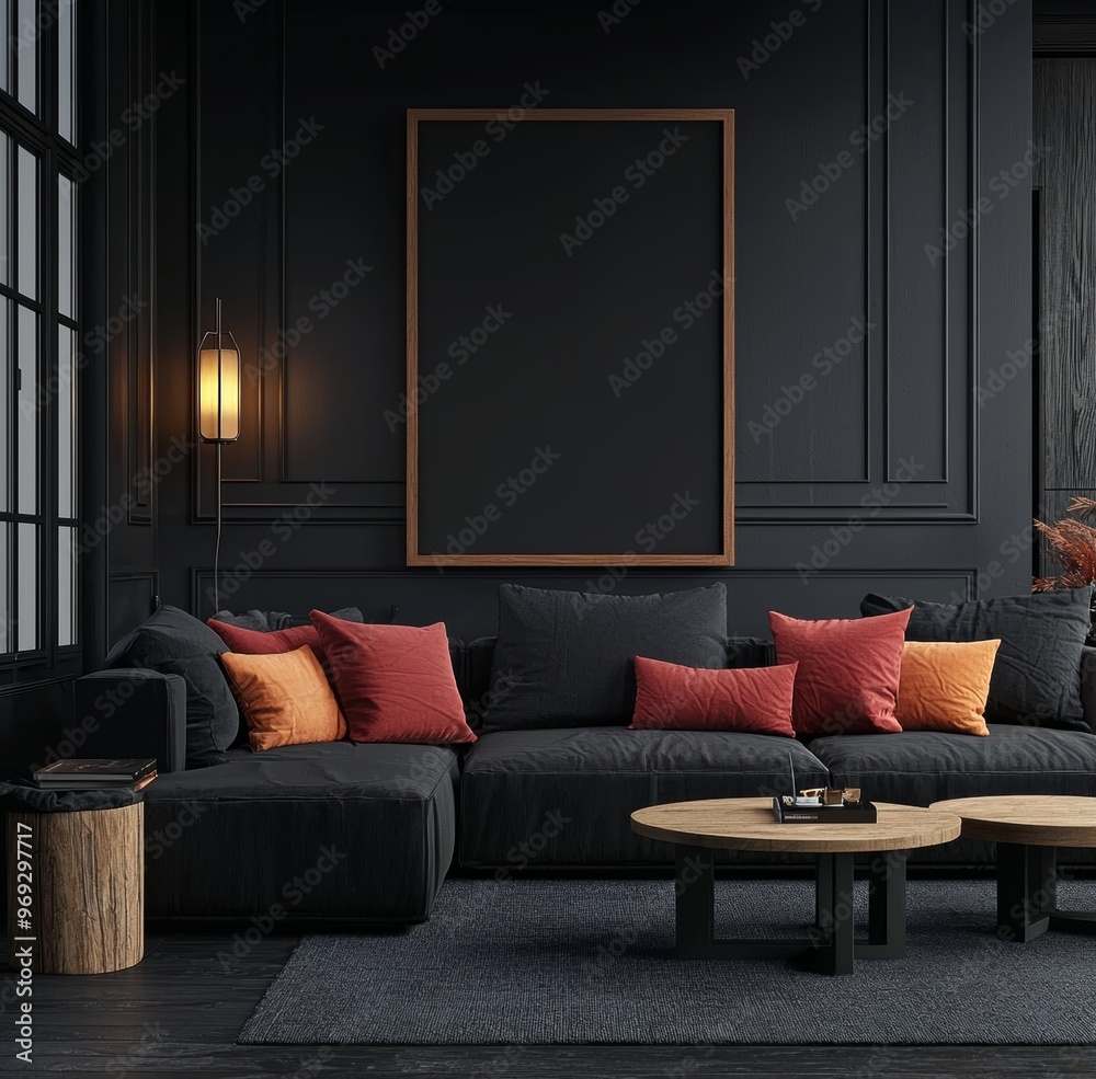 Canvas Prints The mockup shows a modern dark home interior with a 3D render