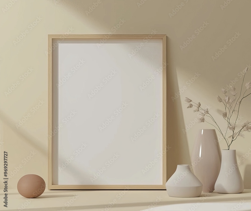 Poster an interior mockup with a 3d render of a house in the background