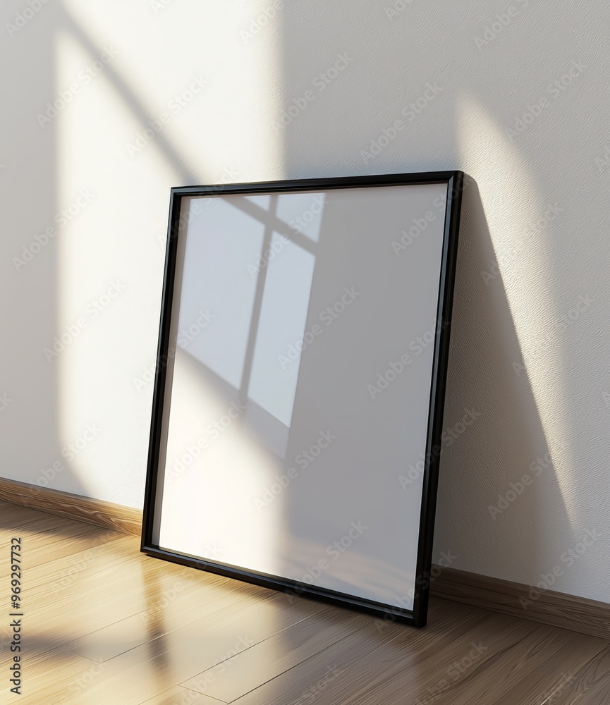 Poster an image of a black wooden frame poster mock-up standing on a floor, rendered in 3d