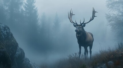 A majestic stag with impressive antlers standing proudly in a misty forest, its regal stance and antlers creating a powerful image.