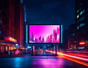 Obraz premium Billboard illuminated against neon city night skyline mockup template