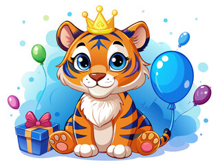 a cute cartoon illustration of a baby tiger sitting down. The tiger has big blue eyes and a friendly expression. It is wearing a small yellow crown on its head, giving it a royal appearance