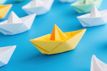 Leadership Concept with Paper Boats. Set of colorful origami ships on blue background. Business competition, Leadership concept with yellow paper ship leading among white with generative ai