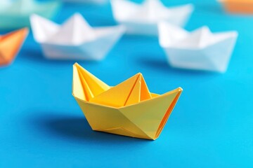Leadership Concept with Paper Boats. Set of colorful origami ships on blue background. Business competition, Leadership concept with yellow paper ship leading among white with generative ai