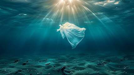 Old plastic bag floating descends into the blue abyss. Plastic pollution in the Ocean, Close-up of white plastic garbage sinking into the blue depths in the sunbeams.