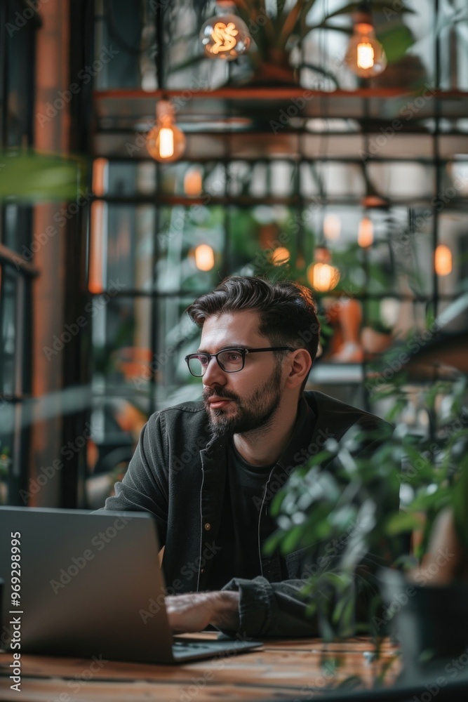 Poster man using laptop at a desk