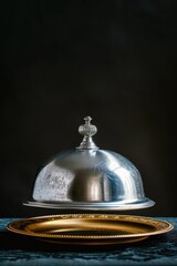 A decorative silver cloche sits atop a gold plate, perfect for use in still life photography or as a prop in editorial content