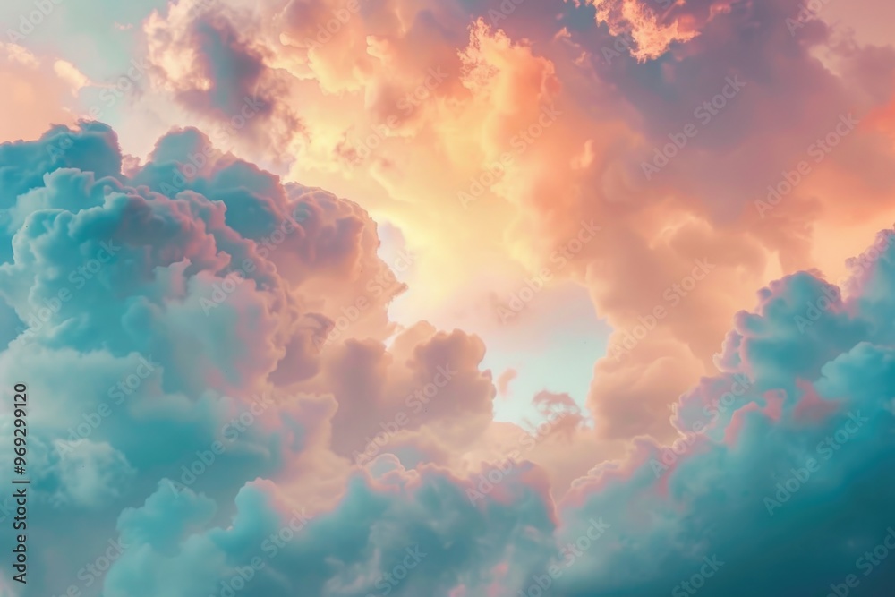 Poster an airplane soaring through a thick layer of clouds, great for use in travel or aviation themed proj