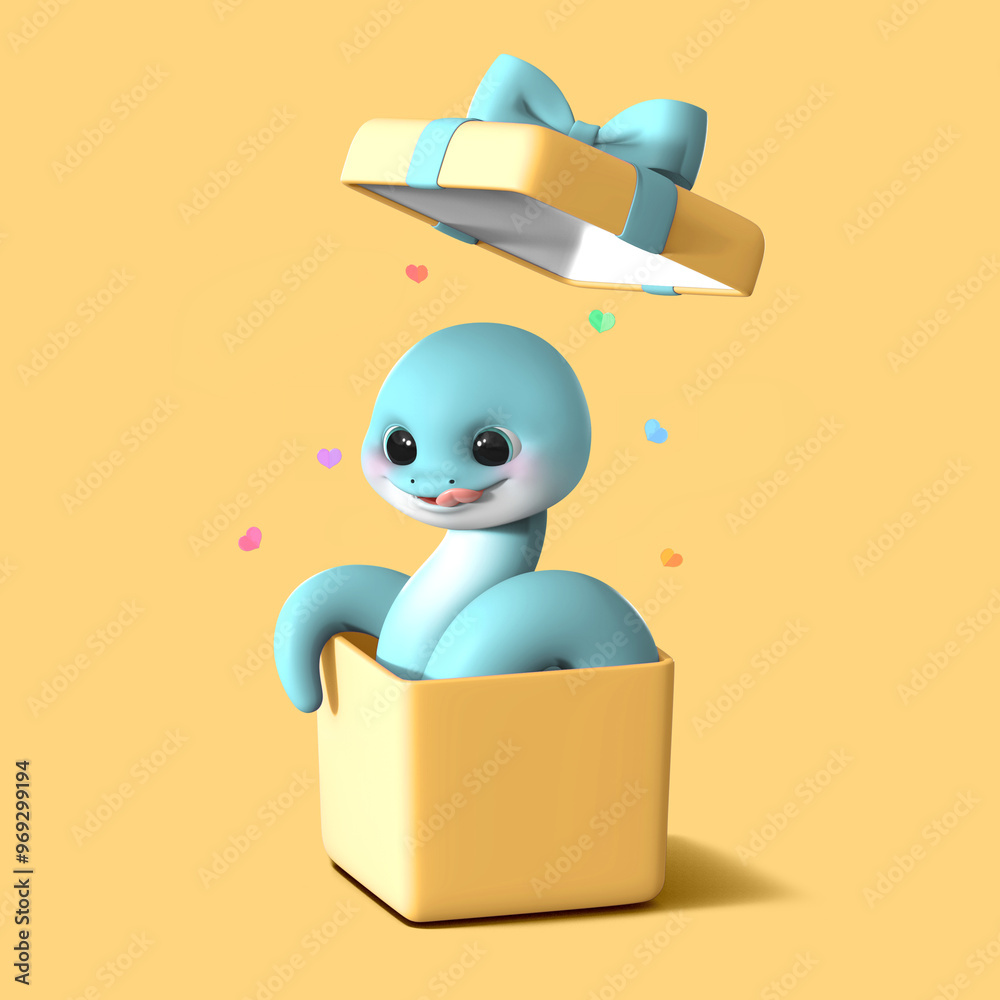 Fototapete 3d 렌더링 된 선물상자 뚜껑이 열리면서 을사년 푸름뱀의 캐릭터가 몸의 부드러운 곡선을 그리며 상자 밖으로 나와 호기심의 표정을 지으며 주위를 탐색하고 있습니다. 푸른뱀은 새로운 