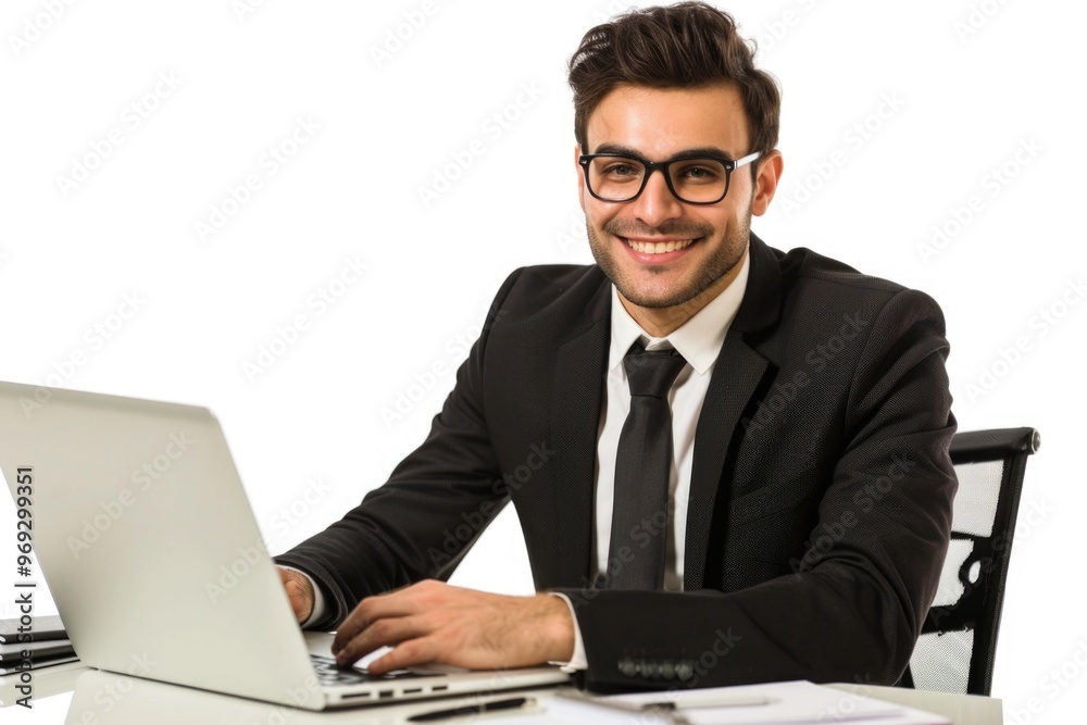 Poster A person sitting at a desk using a laptop computer for work or personal use