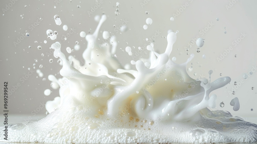 Poster a single splash of milk on a table, often used in still life photography or as a prop for creative c