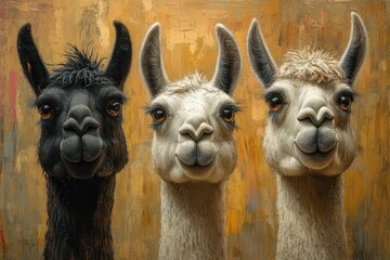 Obraz premium whimsical portrait of three llamas with quirky expressions and tilted heads closeup view captures their unique personalities against a softfocus background
