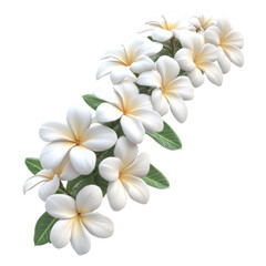 Beautiful white plumeria flowers in full bloom with green leaves, isolated on a transparent background. Elegant floral arrangement for decorative use.