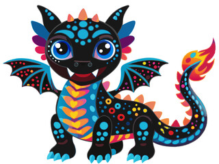 Fototapeta premium a colorful illustration of a cute, cartoon-style dragon. The dragon has a black body with vibrant, multicolored spots and patterns in shades of blue, orange, pink, and yellow