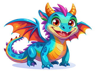 Fototapeta premium a colorful cartoon illustration of a baby dragon. The dragon has a bright blue body with a yellow belly and purple spots. It has large, expressive orange eyes and a wide