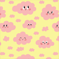 Children illustration. Childrens seampess pattern with smiling clouds on yellow background. Children illustration. Vector illustration