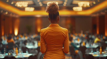 A black woman public speaking, holding a microphone on stage at a business banquet to a large room of women, business attire.
