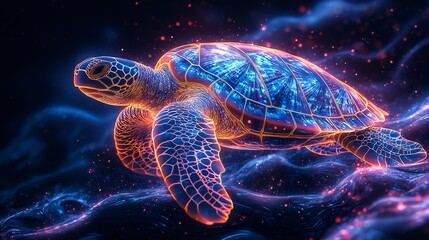 Semiabstract sea turtle swimming through swirling neon waves symbolizing longevity wisdom and perseverance
