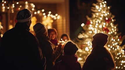 Family gathered around Christmas tree while carolers sing outside, festive holiday atmosphere, copy space for stock photo with minimal concept, No logo, No Trademark, No text