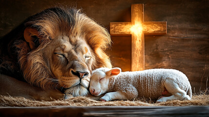 Lion and lamb peace symbol with Christian cross. Spiritual unity concept with lion, lamb, and cross. Biblical peace metaphor with sleeping lion and lamb.