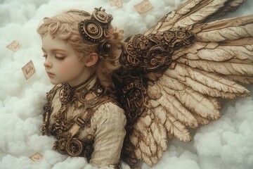 Fototapeta premium whimsical steampunk cupid with brass wings clockwork bow gears and cogs sepiatoned victorianinspired floating amidst clouds delicate filigree details love letters swirling