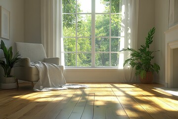 Fototapeta premium Bright, serene living space with a cozy chair and natural light.