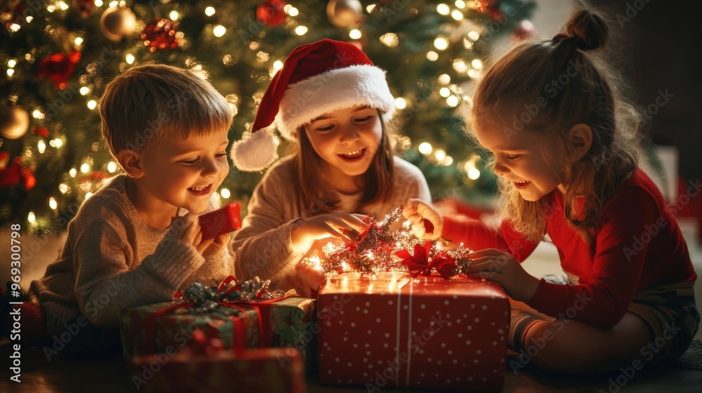 Wall mural kids gathered around the christmas tree, excitedly opening presents on christmas morning, glowing li