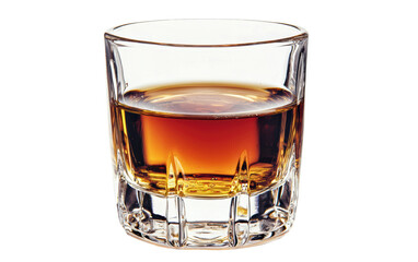 A clear glass tumbler filled with amber-colored whiskey isolated on a white background, showcasing the rich hues and clarity of the liquid.