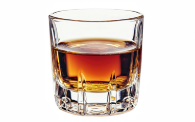 A clear glass tumbler filled with amber-colored whiskey isolated on a white background, showcasing the rich hues and clarity of the liquid.