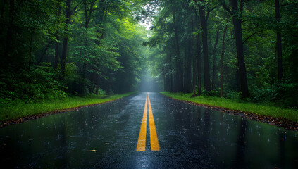 Obraz premium A serene road through a lush forest after rain, reflecting the vibrant greenery and creating a tranquil atmosphere for nature lovers.