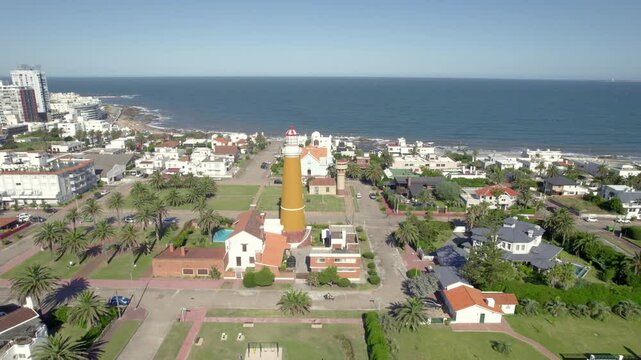 Aerial footage of Punta del Este cityscape on a sunny day in the Maldonado Department, Uruguay