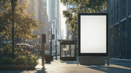 Naklejka premium Empty urban street with a blank billboard in the morning light, awaiting content, surrounded by buildings and lush green trees.