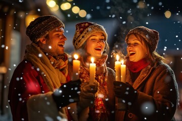 Christmas carolers singing joyfully while holding lit candles, festive cheer in a snowy village, copy space for stock photo with minimal concept, No logo, No Trademark, No text