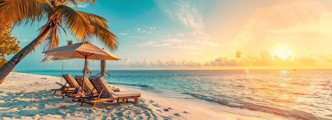 Tropical Beach Sunset With Lounge Chairs and Palm Tree
