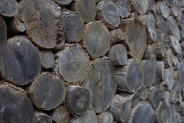 Pile of wood logs stored for winter. 