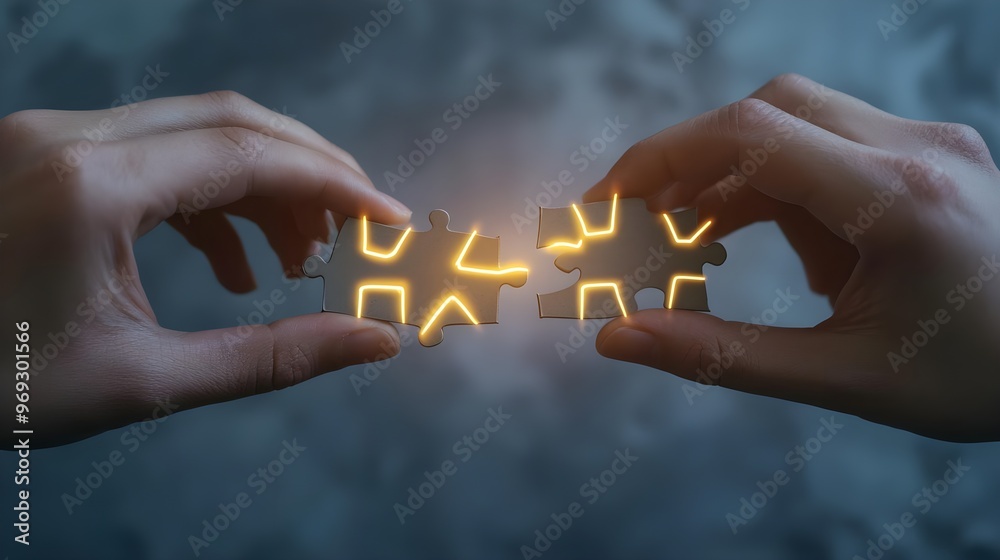 Poster Glowing Puzzle Pieces Connecting Hands, Teamwork Concept