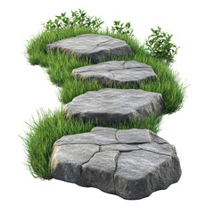 Stone path with green grass and bushes, creating a natural and inviting garden walkway. Ideal for outdoor, landscaping, and nature scenes.