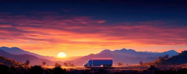 Obraz premium Silhouetted truck driving through a desert landscape at sunset.