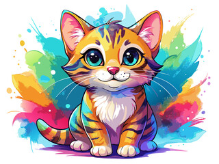 a colorful, artistic illustration of a cute kitten. The kitten has large, expressive blue eyes and a small pink nose. Its fur is a mix of orange and black stripes, resembling a tiger pattern