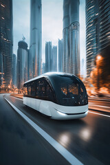 Fototapeta premium Electric and autonomous bus against futuristic cityscape. Self driving bus. Zero-emission electric bus in the high tech urban environment. Flying futuristic bus. Technology concept.