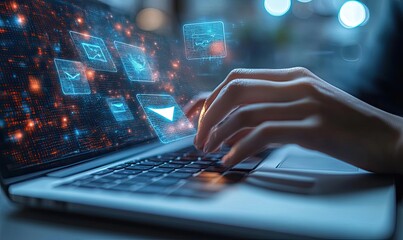 A person typing on a laptop with digital interface elements floating above.