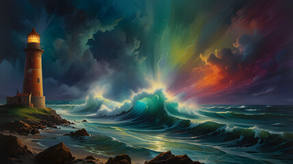 lighthouse at night, ai generated