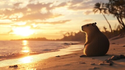  A capybara sitting on the beach, watching the sunset during the golden hour, with a tropical island background. Copy space for text. Romantic postcard.