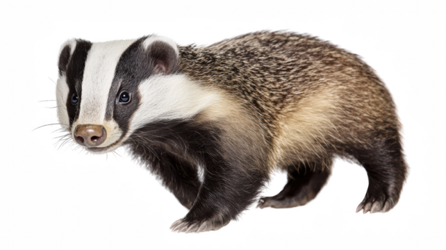 Close-up of a European badger with a striking black and white face and thick fur coat, isolated on a white background.